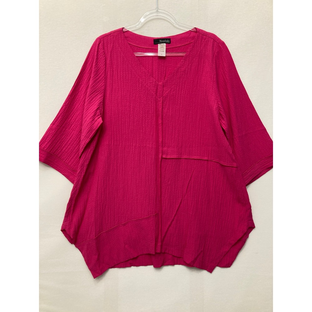 Moonlight Tunic Top Large Pink Textured Patchwork Relaxed Artsy 3/4 Sleeve